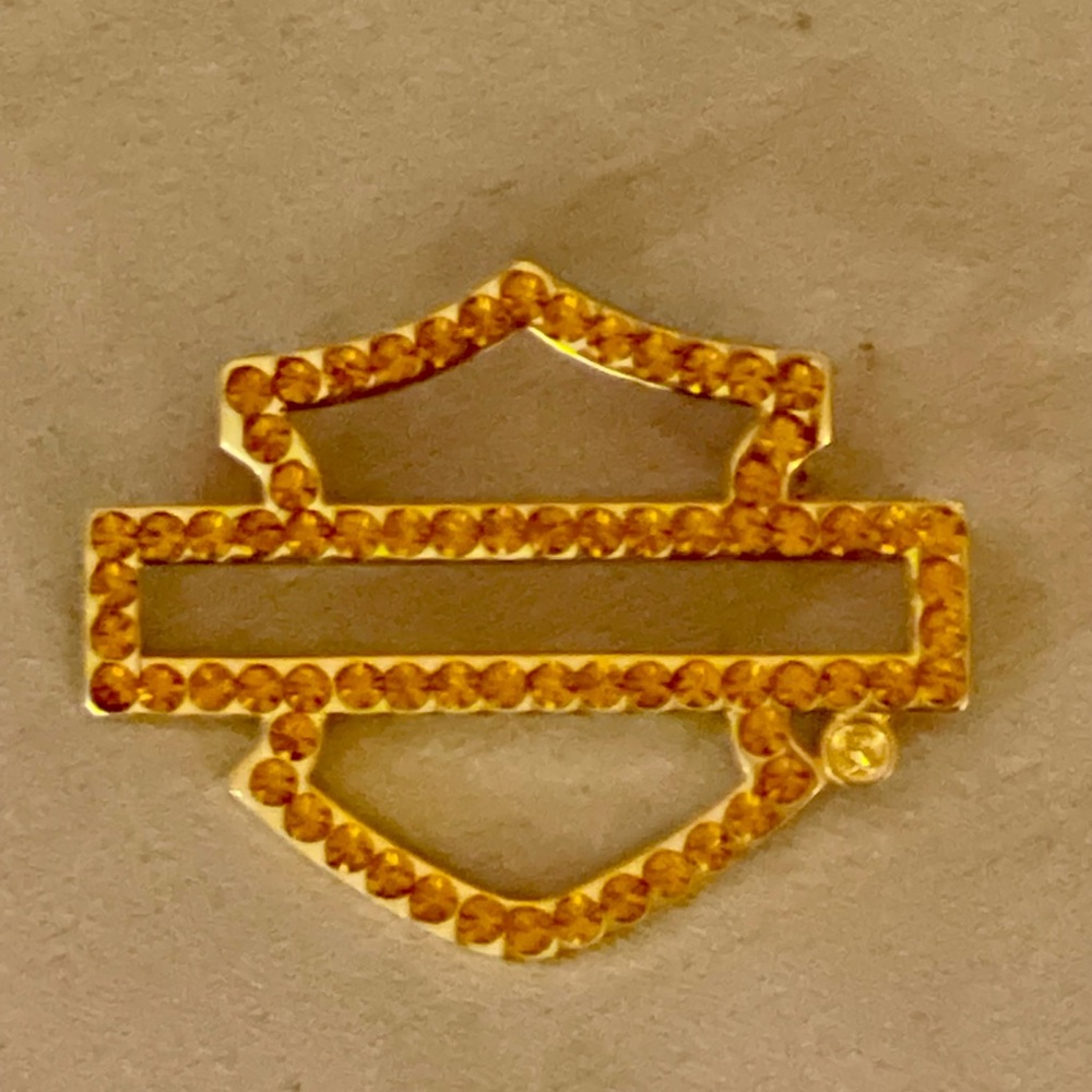 *VINTAGE* Harley Davidson Gold Rhinestone Open Logo Gold Plated Brooch🔥HOT🔥NEW